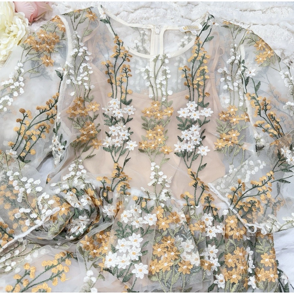 Vtg Metisu Embroidered Dress Sz XL Beige Floral Fairy Cottage Core Boho Feminine - Picture 2 of 16